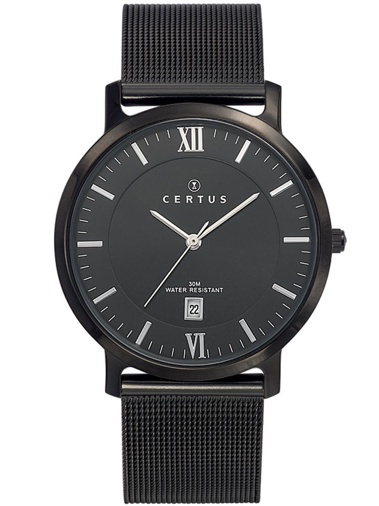 Montre de travail homme acier, cadran noir, index, dato 3h et bracelet acier  extensible | Laval Europe