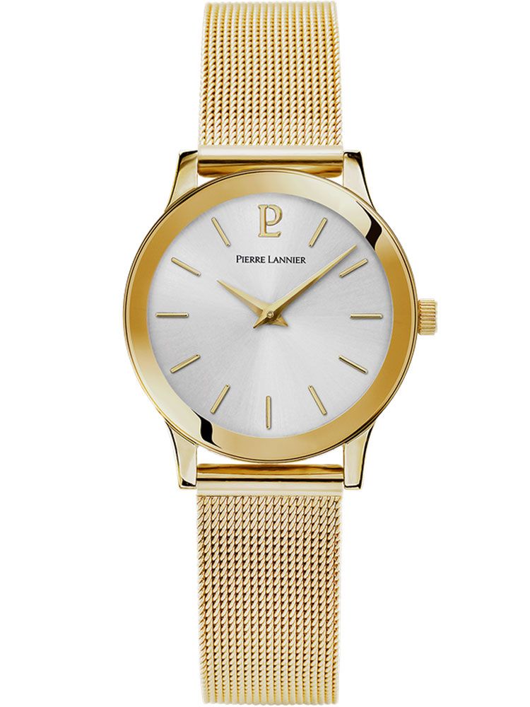 Montre femme Pierre Lannier acier doré jaune milanais fond blanc