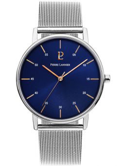 Montre homme Pierre Lannier acier bracelet maille milanaise fond bleu