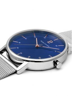 Montre homme Pierre Lannier acier bracelet maille milanaise fond bleu