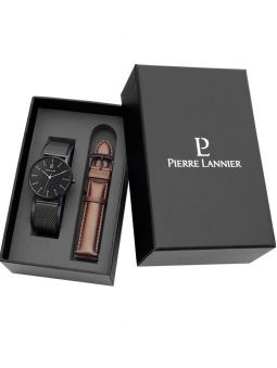 Coffret montre homme Pierre Lannier 2 bracelets et boitier acier fond noir 378B438