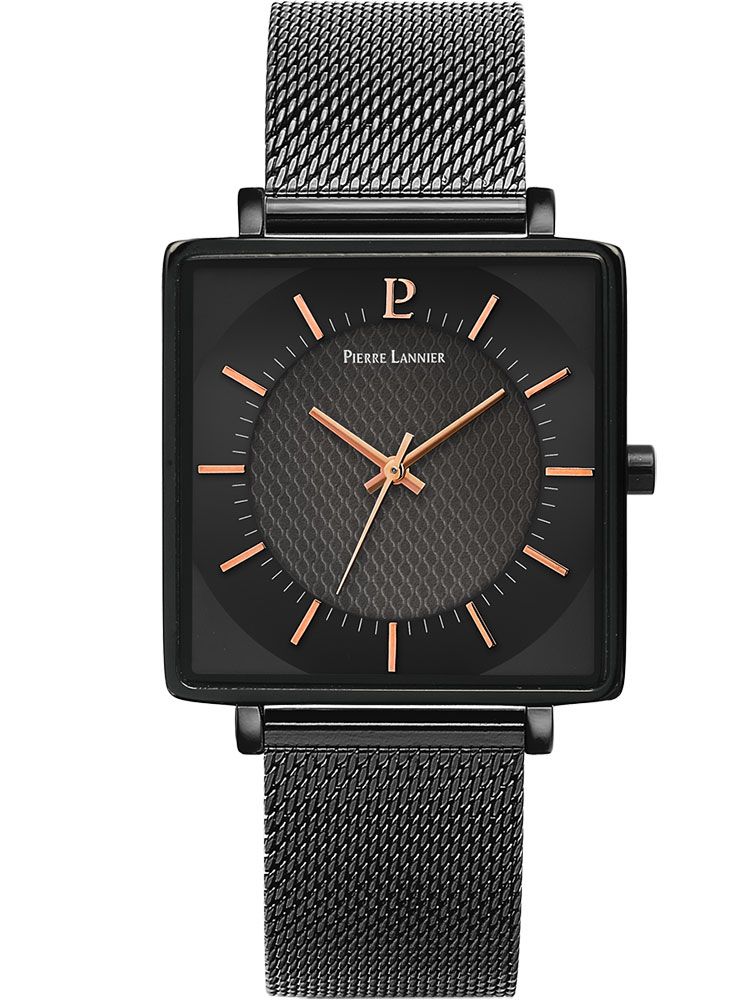 Montre homme Pierre Lannier acier noir boitier carré bracelet milanais