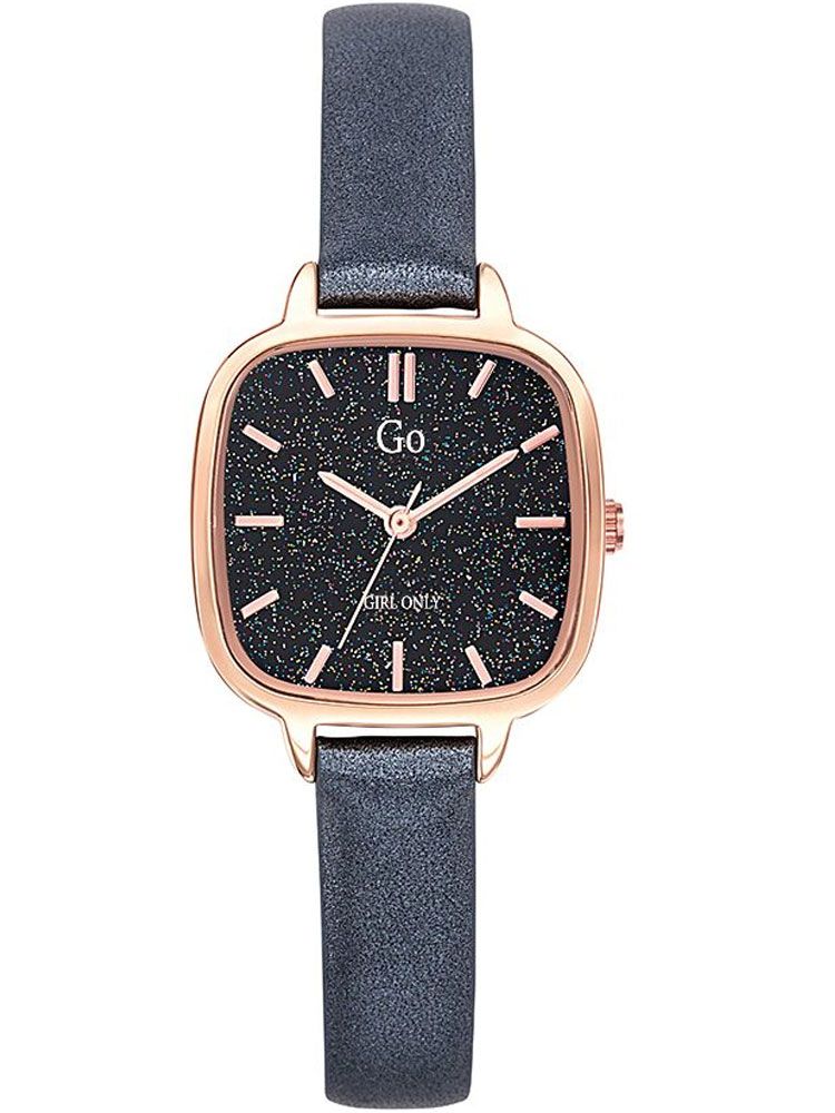 Montre femme Go carré bracelet cuir noir pailleté