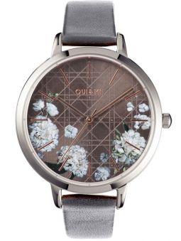 Montre femme Oui & Me grande fleurette motifs cannages cuir gris