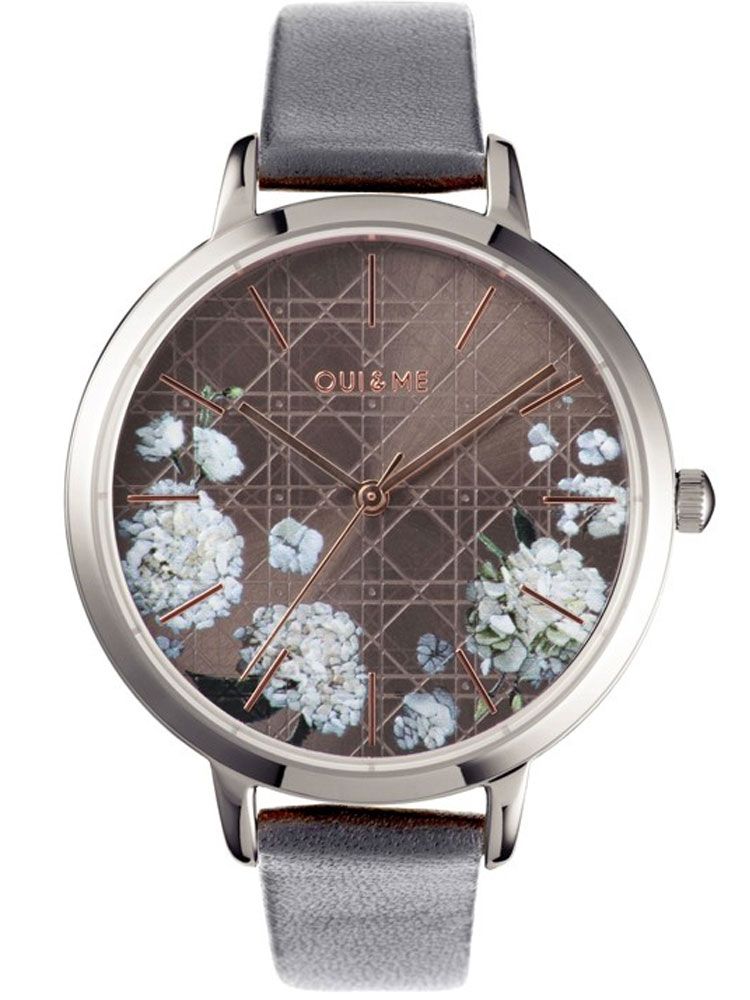 Montre femme Oui & Me grande fleurette motifs cannages cuir gris