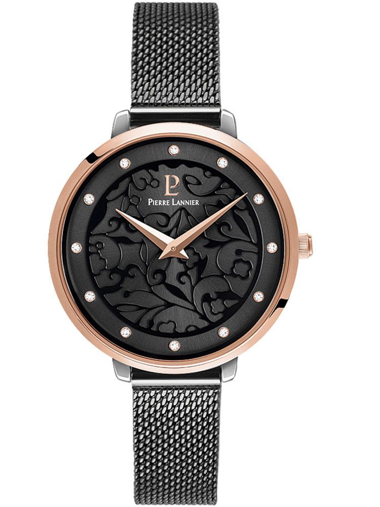 Montre femme Pierre Lannier bracelet milanais noir cadran motif fleuri noir