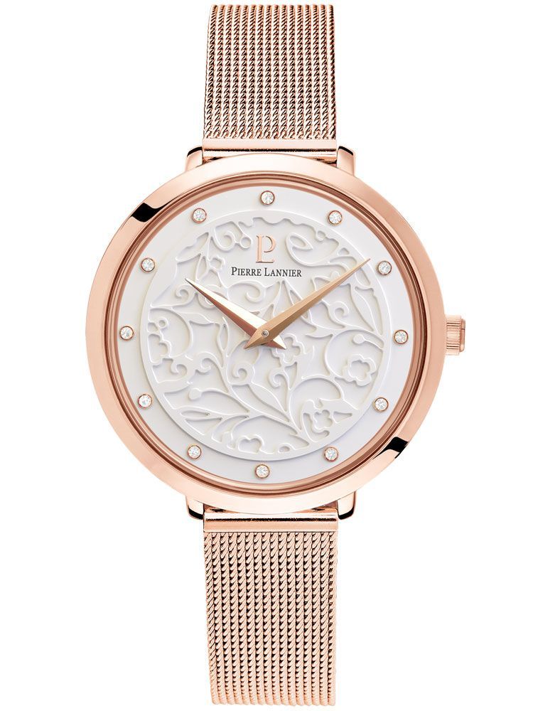 Montre femme Pierre Lannier bracelet milanais rose cadran motif fleuri