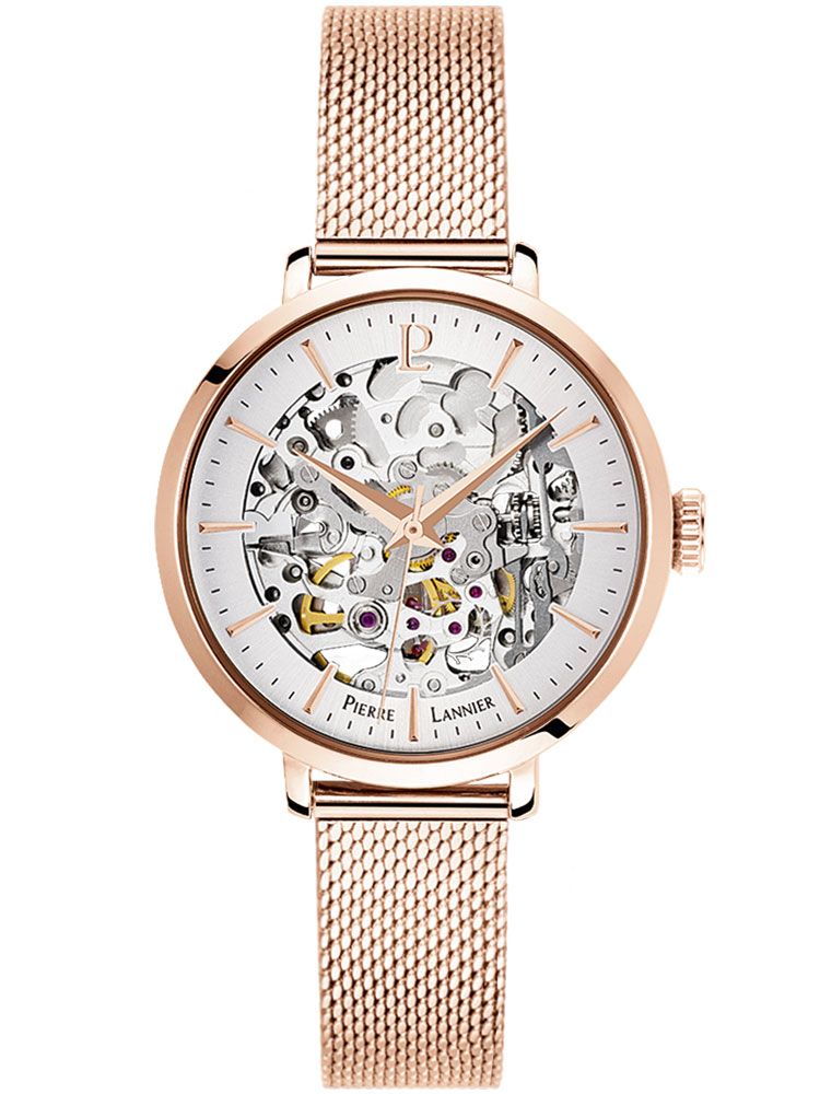 Montre femme Pierre Lannier automatique doré rose maille milanaise 