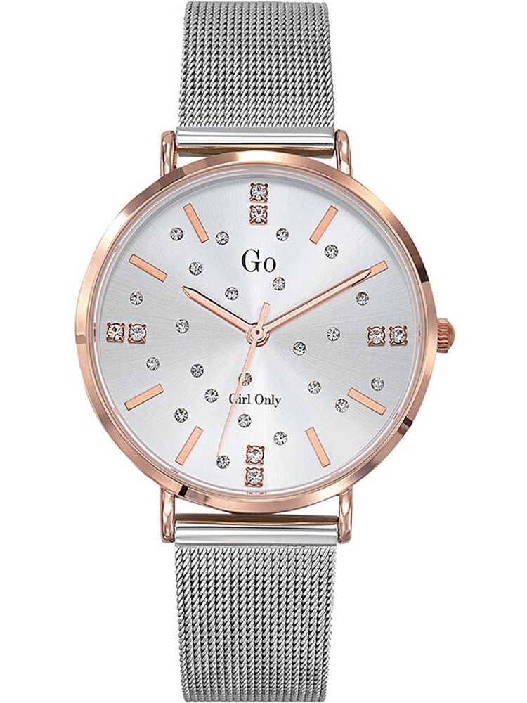 Montre femme Go bracelet milanais pierres blanches fond blanc