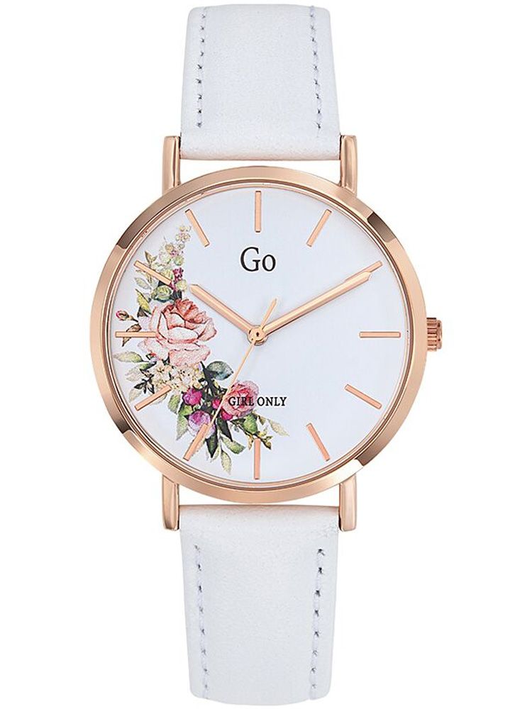 Montre femme Go blanche dorée rose cadran fleuri