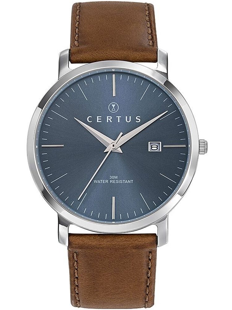 Montre homme Certus bracelet cuir brun fond bleu