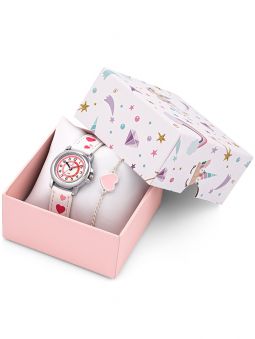 Coffret montre enfant Certus blanche coeurs roses + bracelet