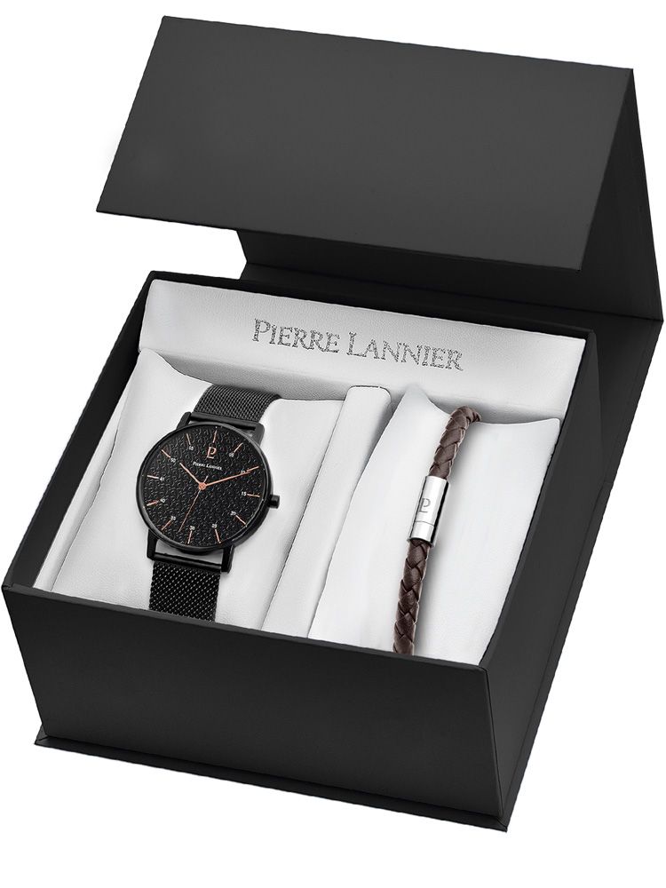 Montre noire homme Pierre Lannier acier + bracelet cuir marron 383C438