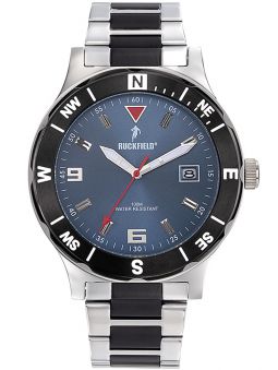 Montre homme Ruckfield bracelet acier gris et noir fond bleu