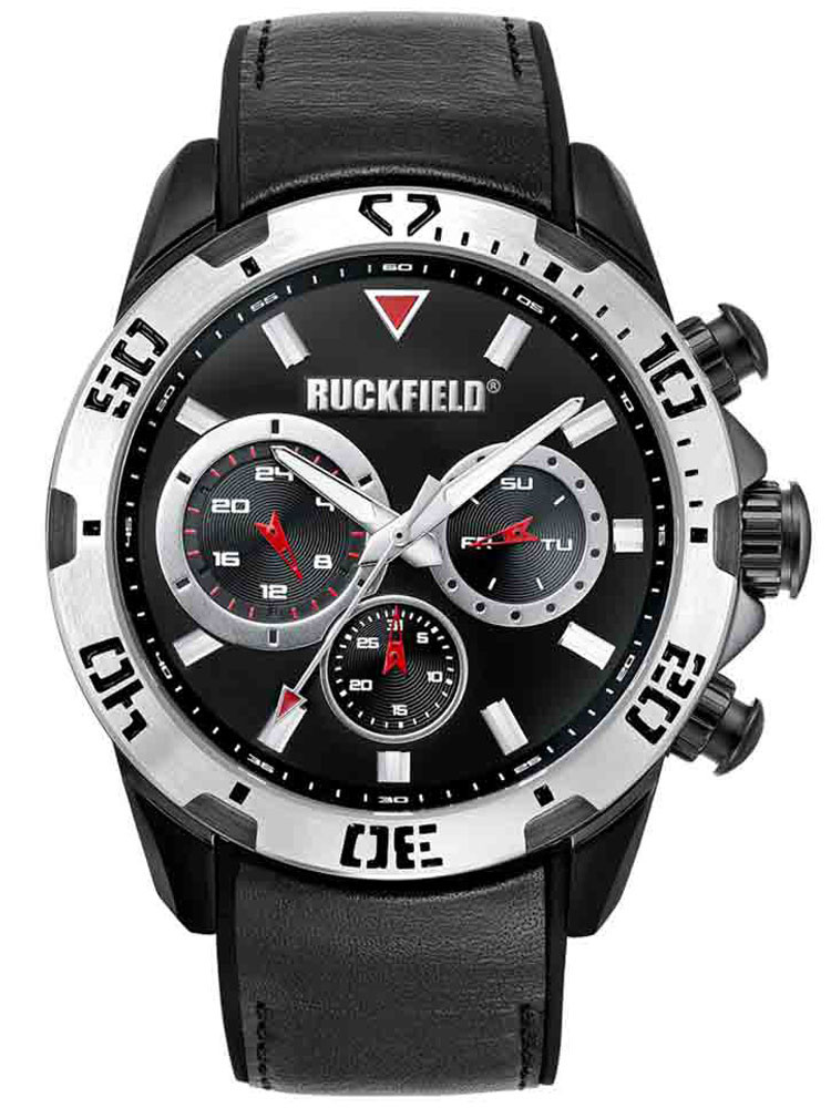Montre noire acier Ruckfield jour date bracelet cuir silicone 685072