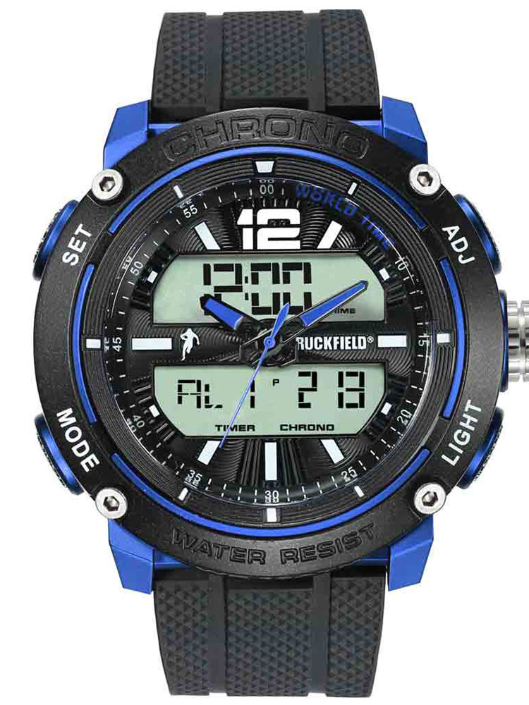 Vue de face, montre sport double affichage Ruckfield bleu noir 685089