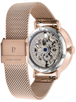 Dos de la montre automatique, bracelet maille milanaise, coloris doré rose, marque Pierre Lannier, référence 307F988