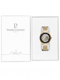 Ecrin, packaging, boite ouverte protégeant la montre squelette, dorée, pour femme, de la marque Pierre Lannier