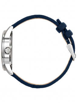 Bracelet de montre vue de profil, en nylon blue jean et cuir