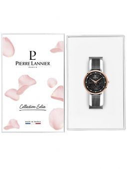 Montre femme Pierre Lannier bracelet milanais noir cadran motif fleuri noir 045L988 dans son écrin