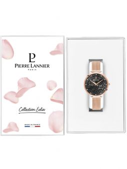 Montre femme Pierre Lannier bracelet milanais rose cadran motif fleuri noir 039L938 dans son écrin