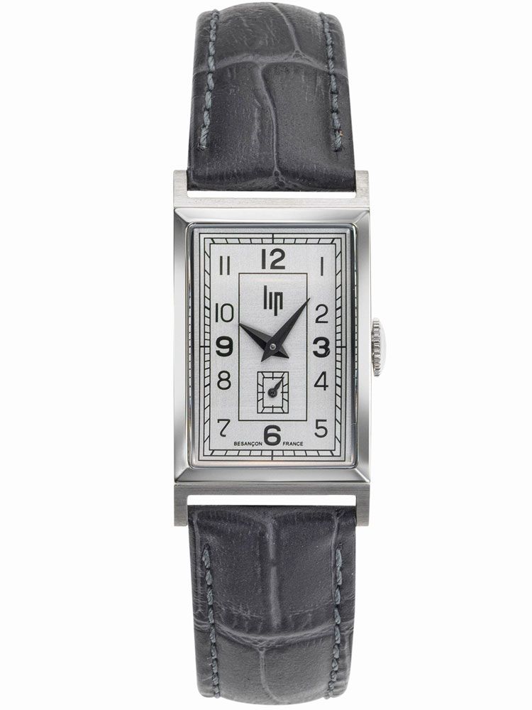 Montre Lip Churchill T18 Art Déco bracelet cuir gris anthracite 671000 de face