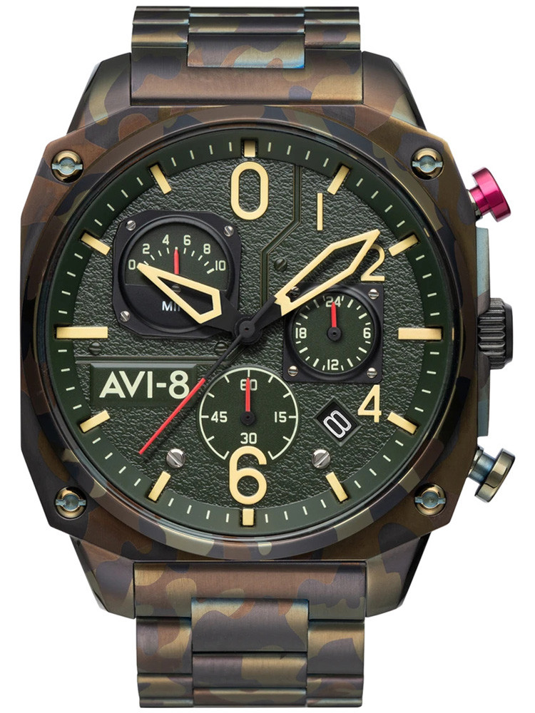 Montre chrono Avi-8 Ground Camo style militaire AV-4052-22, motif camouflage kaki