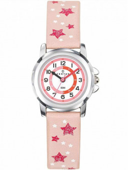 Montre junior, enfant, fille, rose pastel, étoiles rose foncé sur le bracelet, marque Certus, référence 647649