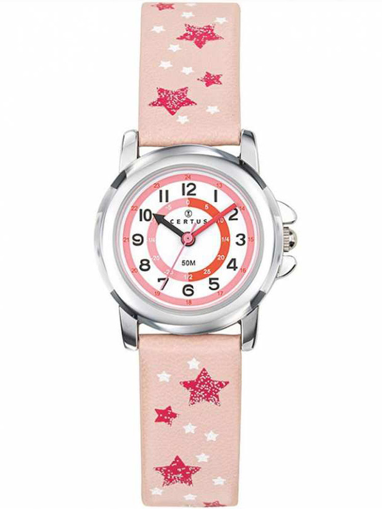 Montre junior, enfant, fille, rose pastel, étoiles rose foncé sur le bracelet, marque Certus, référence 647649