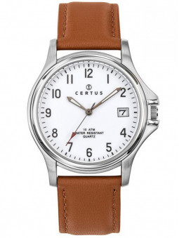Montre pour homme, marque Certus, bracelet en cuir véritable, cadran blanc, référence 610395