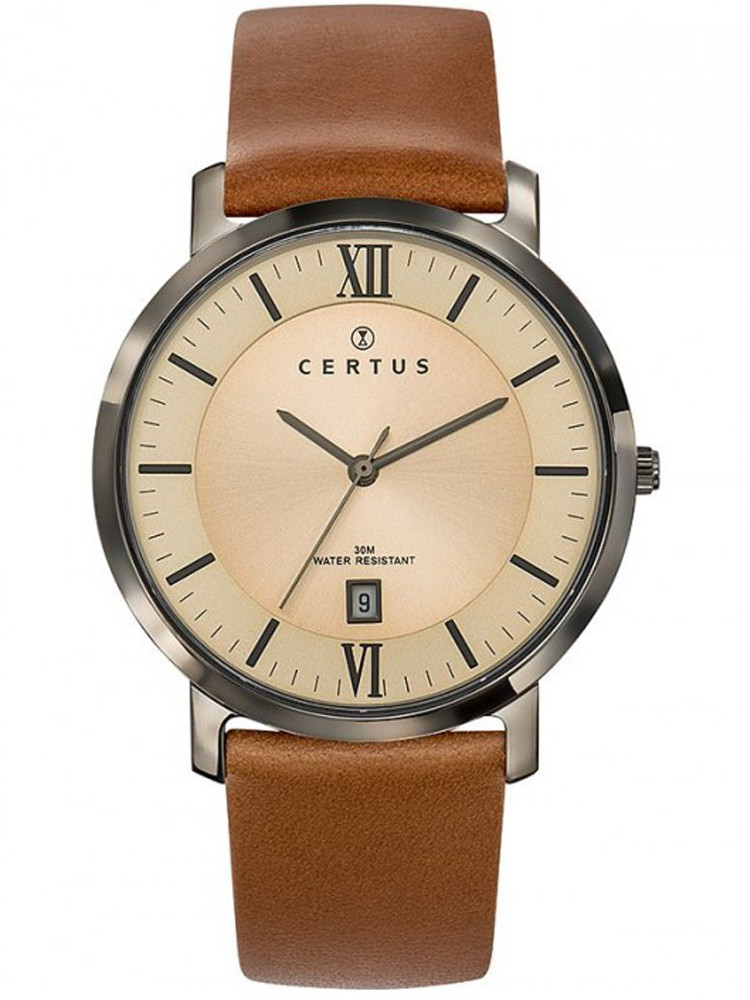 Montre vintage pour homme, montre Certus 611070, bracelet cuir marron, cadran avec indexes chiffres romains