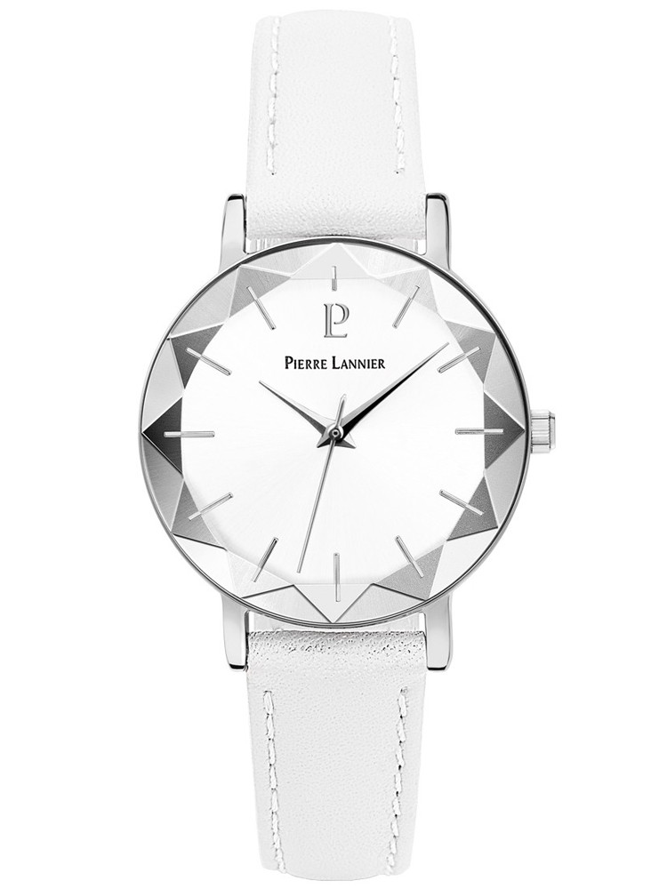 Montre féminine Pierre Lannier, tendance 2022. Branchée ! Bracelet cuir blanc, minimaliste. Verre original, facetté.