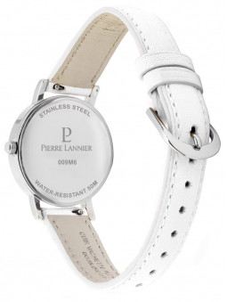 Bracelet fin en vrai cuir blanc. Style élégant, minimaliste. Montre Pierre Lannier 009M600 pour femme.