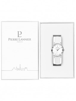 Ecrin de montre Pierre Lannier. Boîte blanche, ouverte. Montre Pierre Lannier 009M600 à l'intérieur.