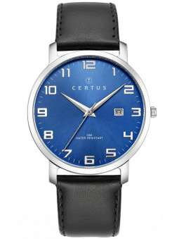 Montre Certus 611058. Montre pour homme. Style discret, classique. Cadran bleu. Bracelet cuir noir. 79€.