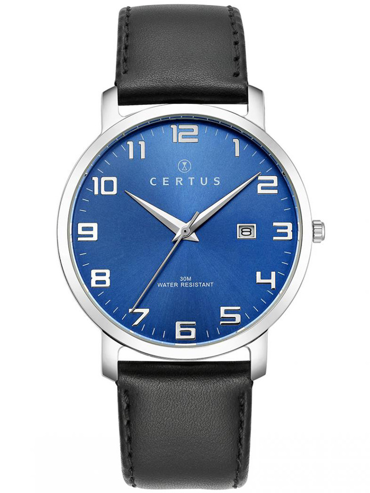 Montre Certus 611058. Montre pour homme. Style discret, classique. Cadran bleu. Bracelet cuir noir. 79€.