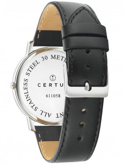 Montre Certus avec un large bracelet en cuir noir. Fermoir de type boucle ardillon argenté