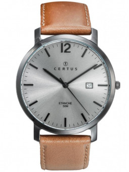 Montre homme Certus. Style naturel. Bracelet cuir marron. Couleur harmonieuse gris-marron. Prix 79€