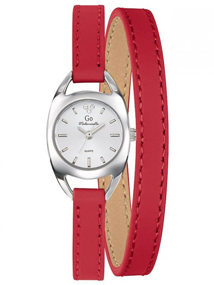 Montre Go Mademoiselle 699385, pour femme. Bracelet fin en cuir rouge, long pour un double tour du poignet. Accessoire stylé.