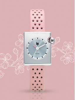 Montre Lip femme 671182, bracelet en cuir rose perforé, cadran carré argenté, fond image rose