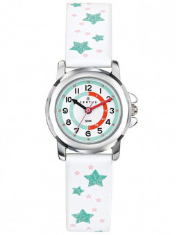 Montre fille, Certus Junior 647648. Jolie montre fille illustrée d'étoiles vertes pailletées sur son bracelet blanc