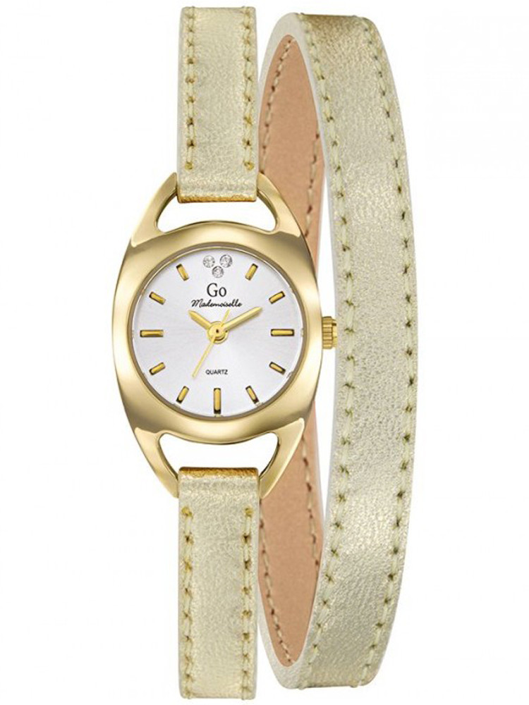 Montre femme Go 699386, scintillante, entièrement dorée jaune. Style chic, festif. Bracelet cuir double tour.