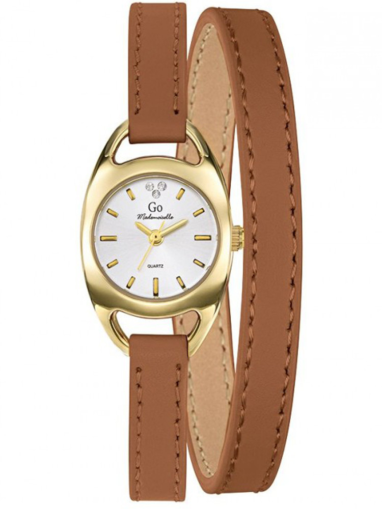 Montre femme tendance, marque Go, référence 699384. Originale avec son fin bracelet en cuir brun noisette.