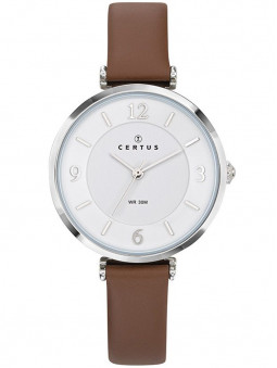 Jolie montre femme Certus 644287 avec son large cadran blanc, ses index argentés chiffrés et bâtons