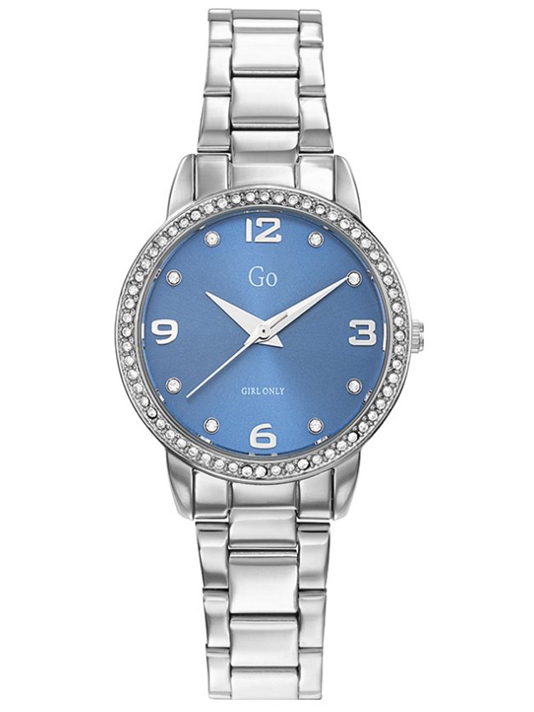 Montre femme Go Girl 695296, chic et tendance, en acier gris argenté, cadran bleu à strass.