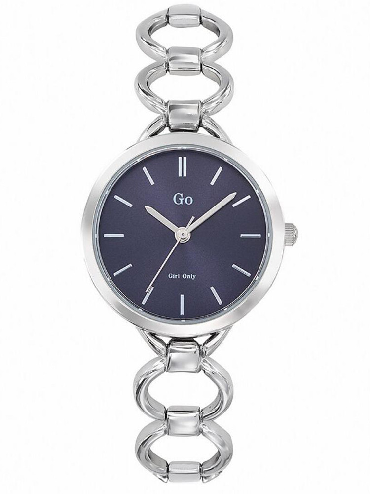 Montre Go Mademoiselle 695214, girly. Bracelet fantaisie en métal argenté. Cadran bleu. Index argentés. Pas chère.
