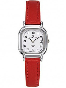 Montre femme Certus 644411 au cadran carré avec un fin bracelet en cuir rouge