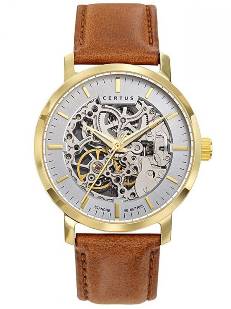 Montre squelette pour homme. Bracelet cuir acajou, lunette dorée. Certus 611187.