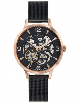 Jolie montre Certus 630682. Pour femme. Mouvement automatique. Cadran squelette. Noire et doré rose