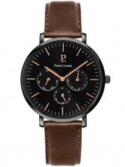 Montre homme Pierre Lannier 207J434. Bracelet en cuir brun foncé. Cadran noir. Affichage date-jour.